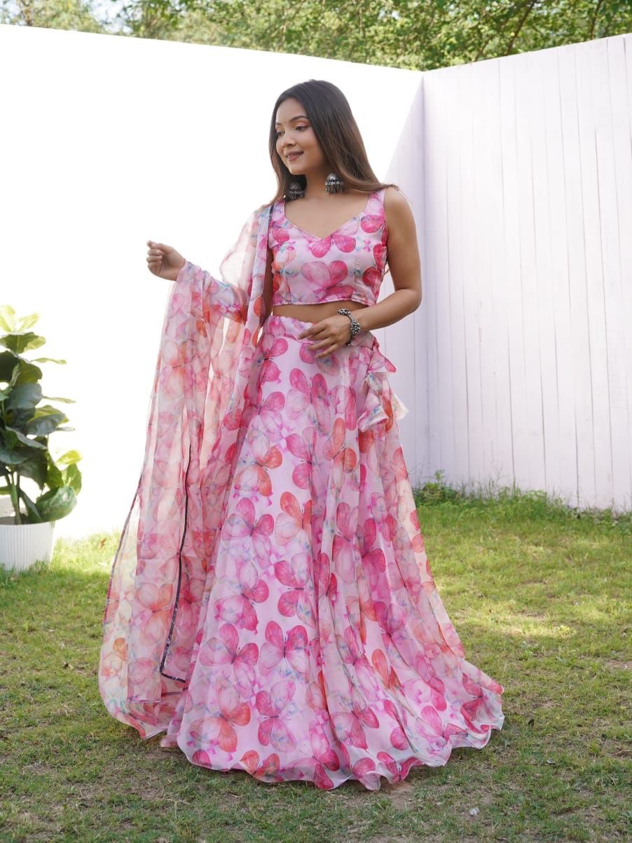 Pink Colored Floral Organza Silk Lehenga Choli Set – Elegant & Festive Wear - Ethnicwish