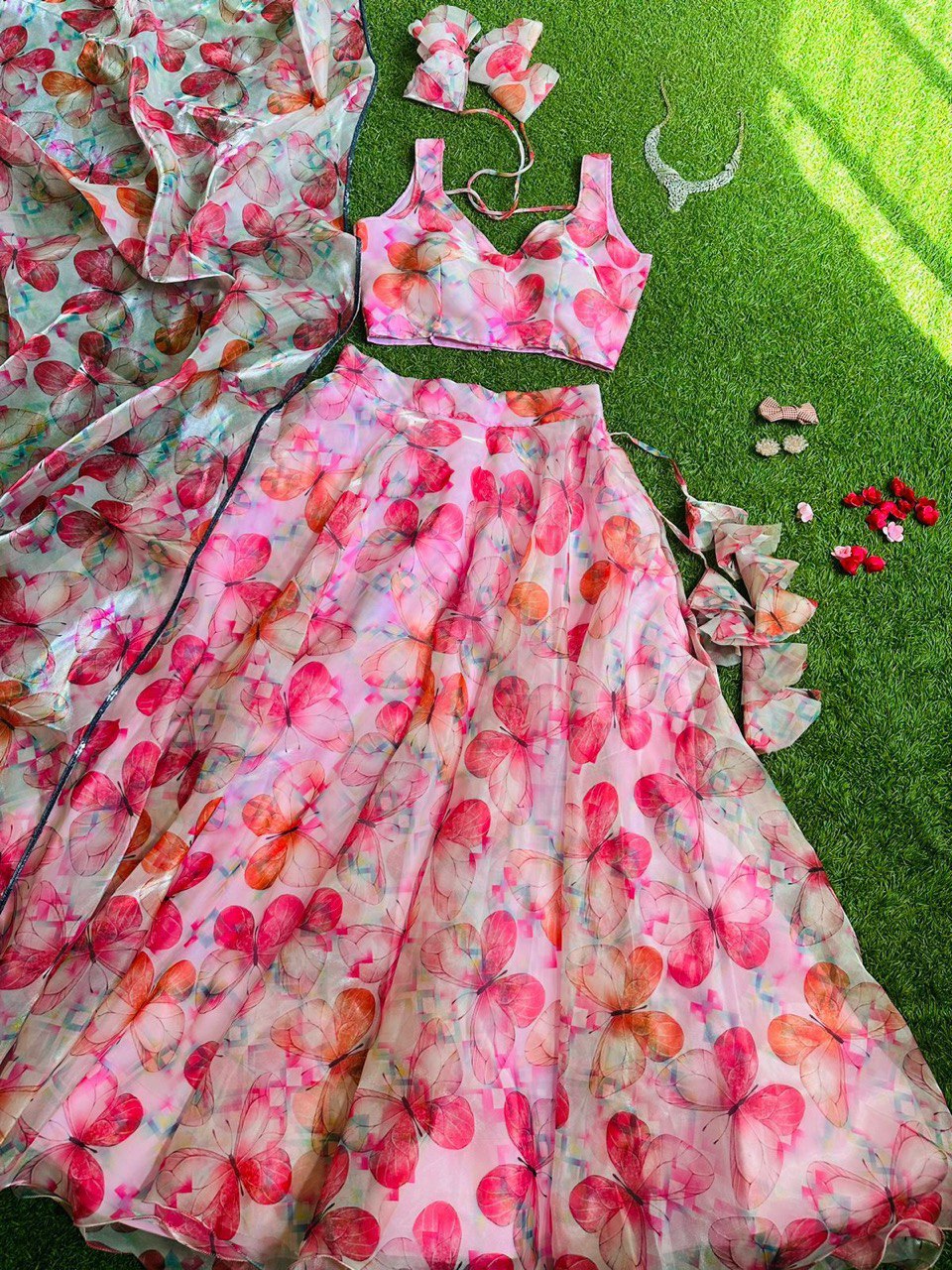 Pink Colored Floral Organza Silk Lehenga Choli Set – Elegant & Festive Wear - Ethnicwish