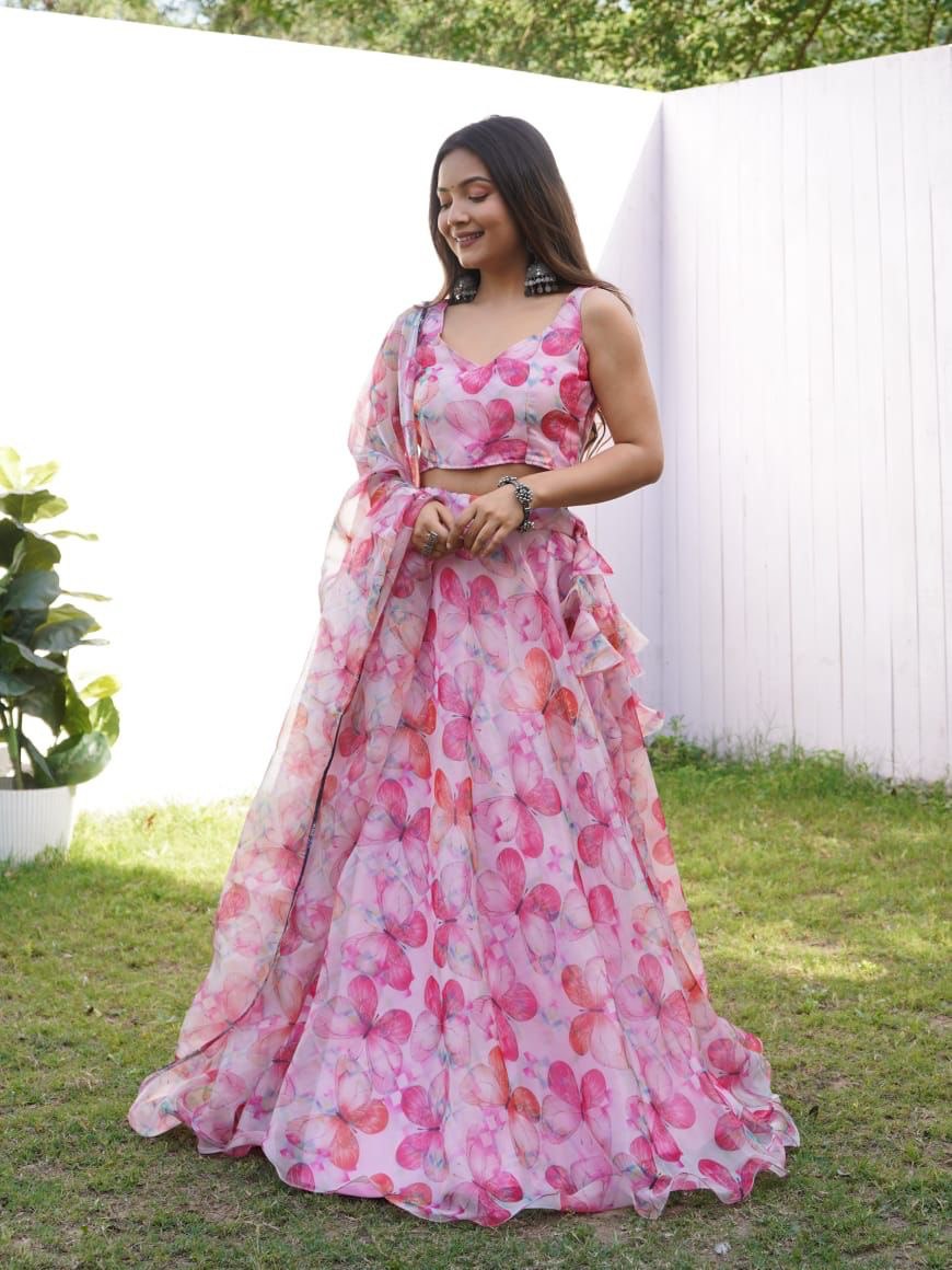 Pink Colored Floral Organza Silk Lehenga Choli Set – Elegant & Festive Wear - Ethnicwish