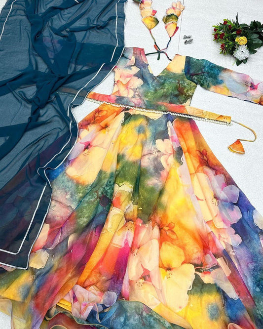 Classy Yellow Organza Silk Digital Printed Fully Stitched Gown With Dupatta - Ethnicwish