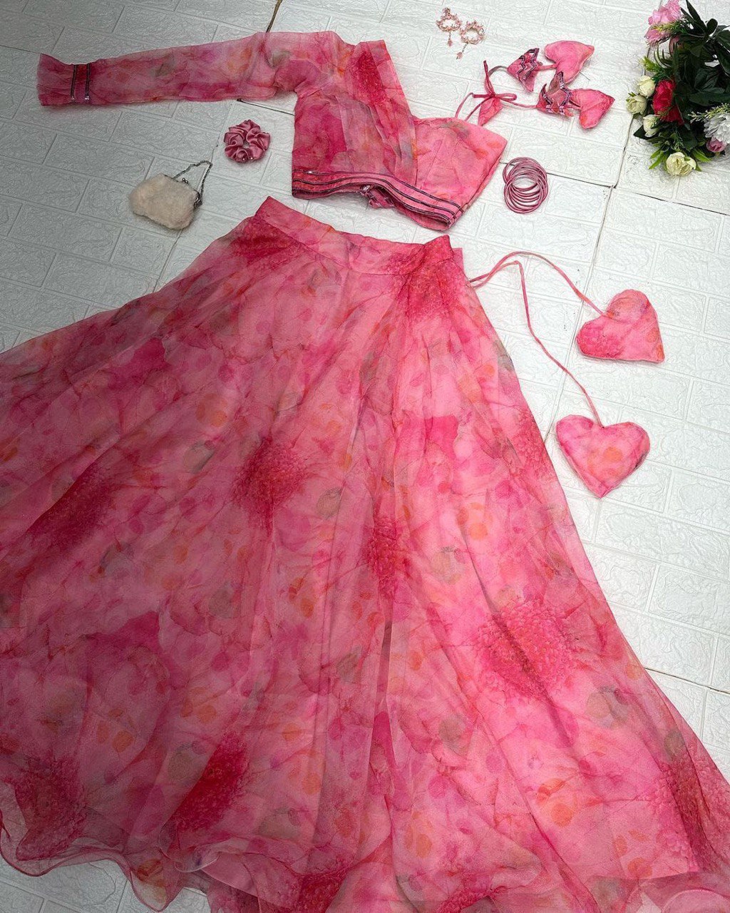 Polished Pink Floral Organza Silk Lehenga With Stitched Blouse - Ethnicwish