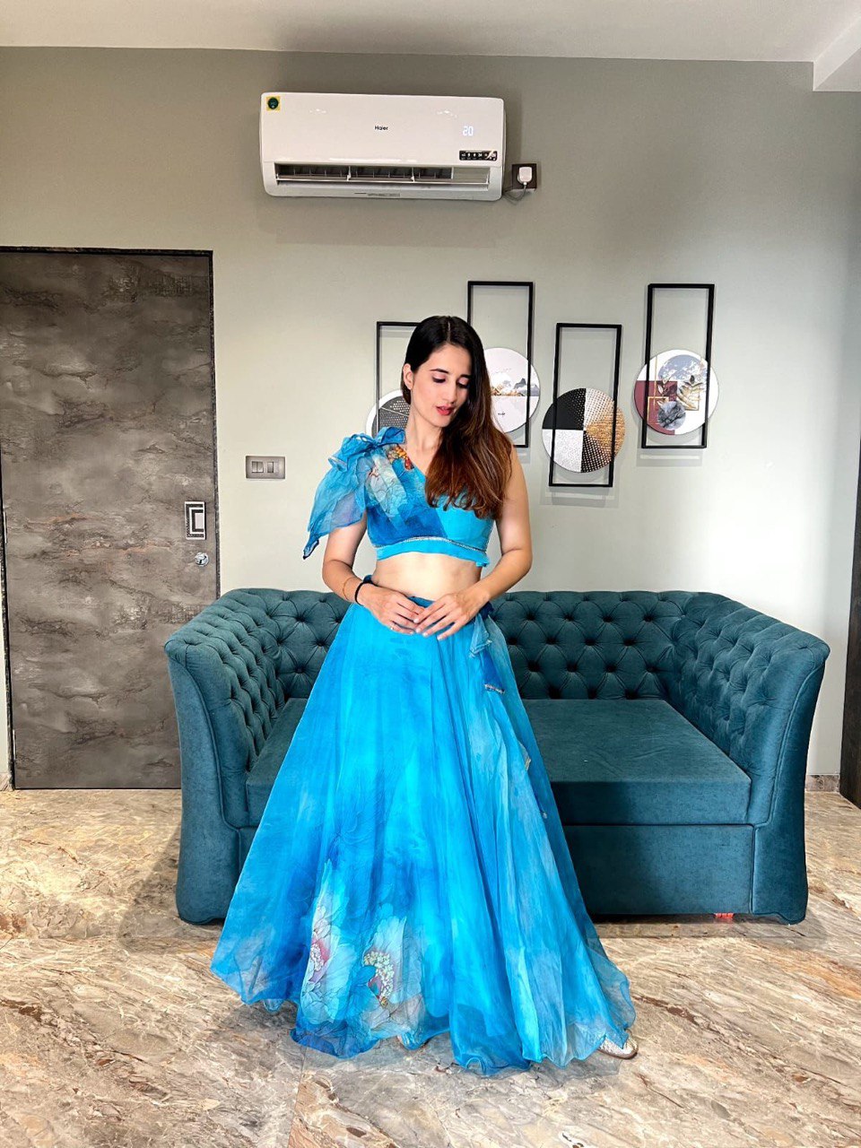 Splendid Sky Blue Floral Organza Silk Lehenga With Stitched Blouse - Ethnicwish