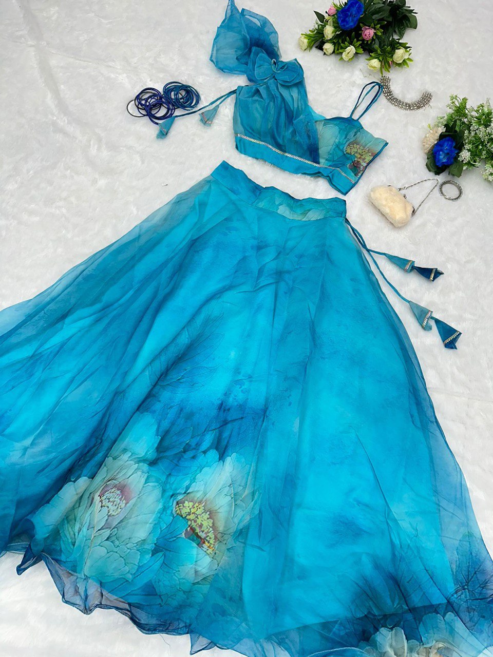 Splendid Sky Blue Floral Organza Silk Lehenga With Stitched Blouse - Ethnicwish