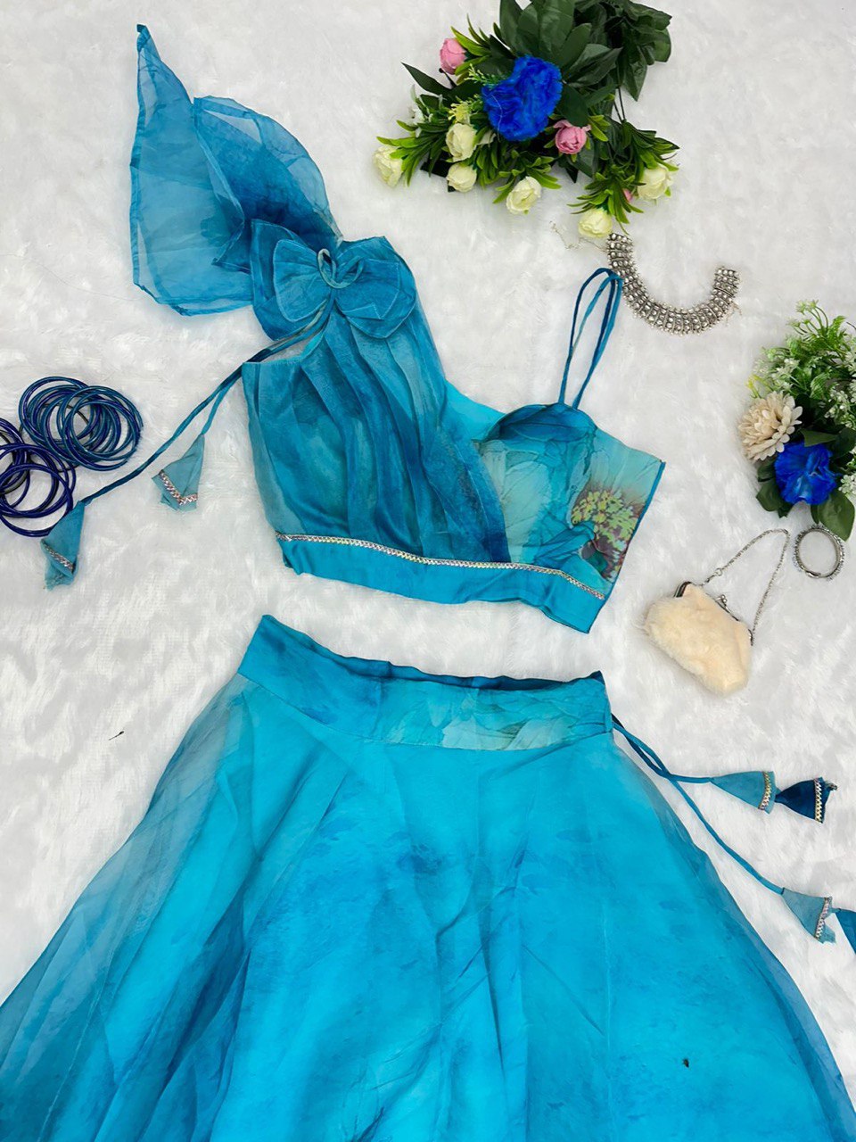 Splendid Sky Blue Floral Organza Silk Lehenga With Stitched Blouse - Ethnicwish