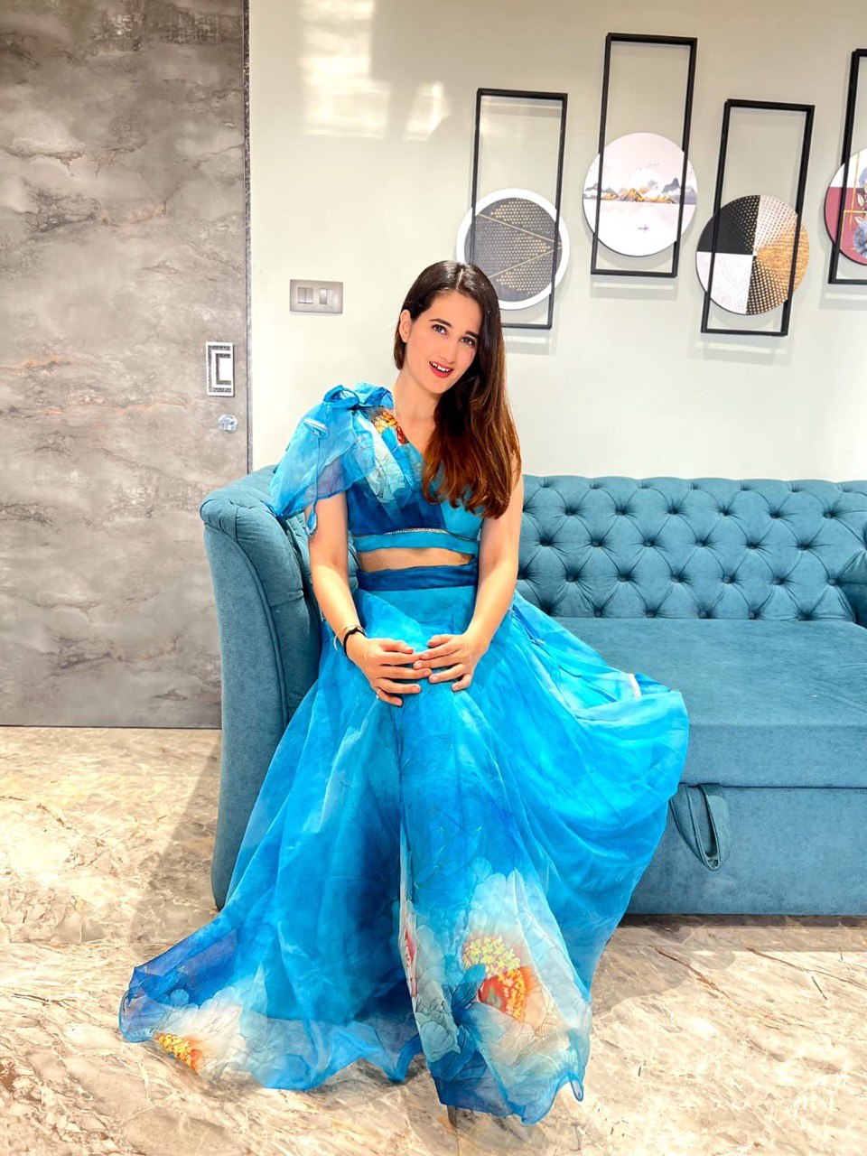 Splendid Sky Blue Floral Organza Silk Lehenga With Stitched Blouse - Ethnicwish