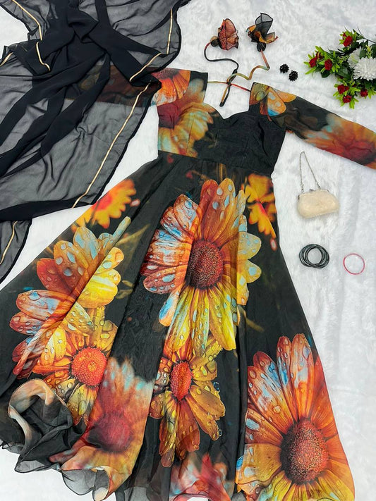 Beguiling Black Organza Silk Digital Printed Fully Stitched Gown With Dupatta - Ethnicwish