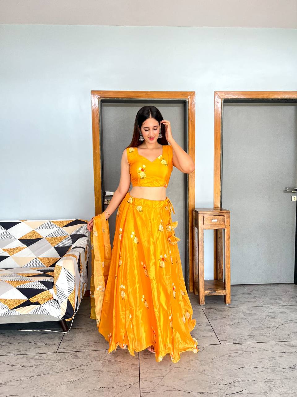 Stylish Floral Organza Silk Fully Stitched Lehenga Choli Set - Ethnicwish