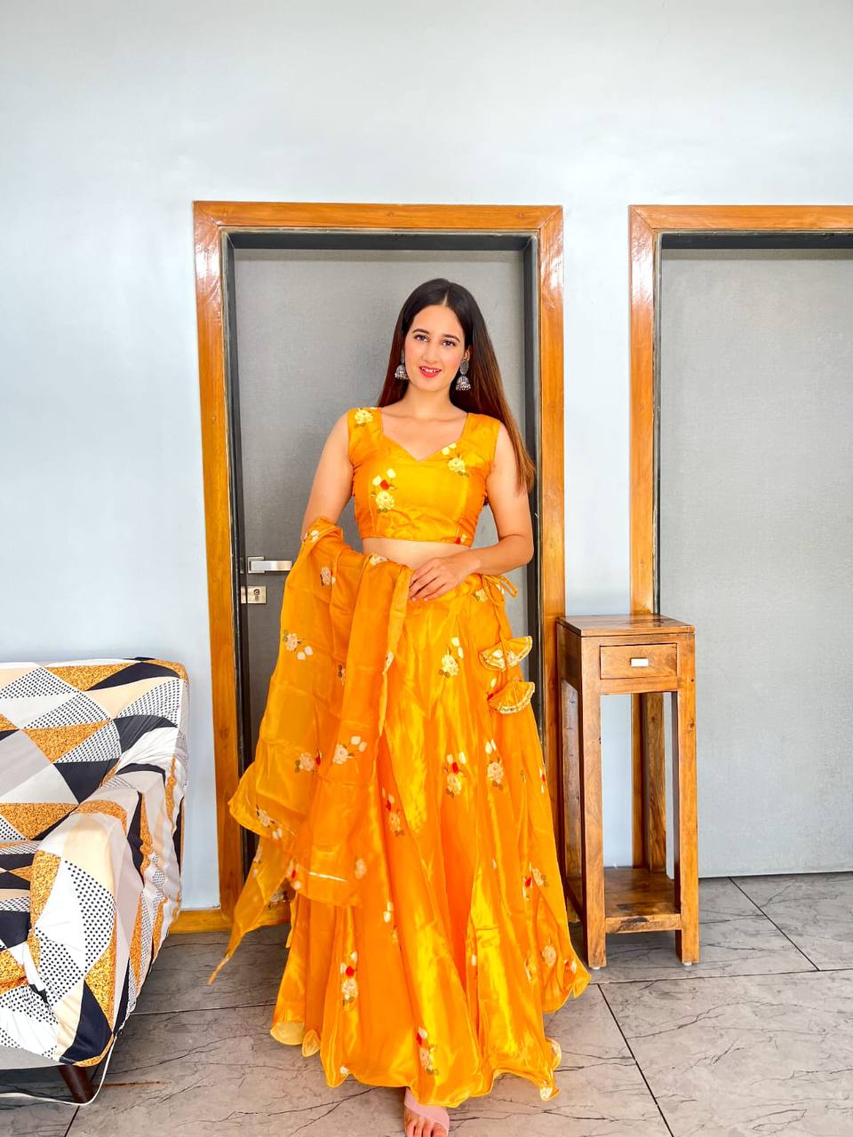 Stylish Floral Organza Silk Fully Stitched Lehenga Choli Set - Ethnicwish