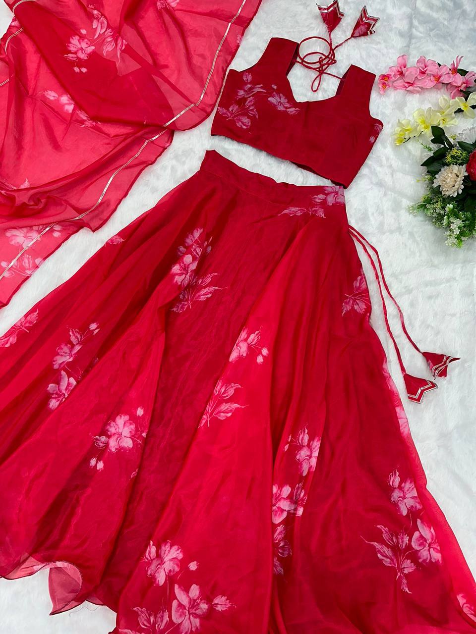 Stylish Floral Organza Silk Fully Stitched Lehenga Choli Set - Ethnicwish