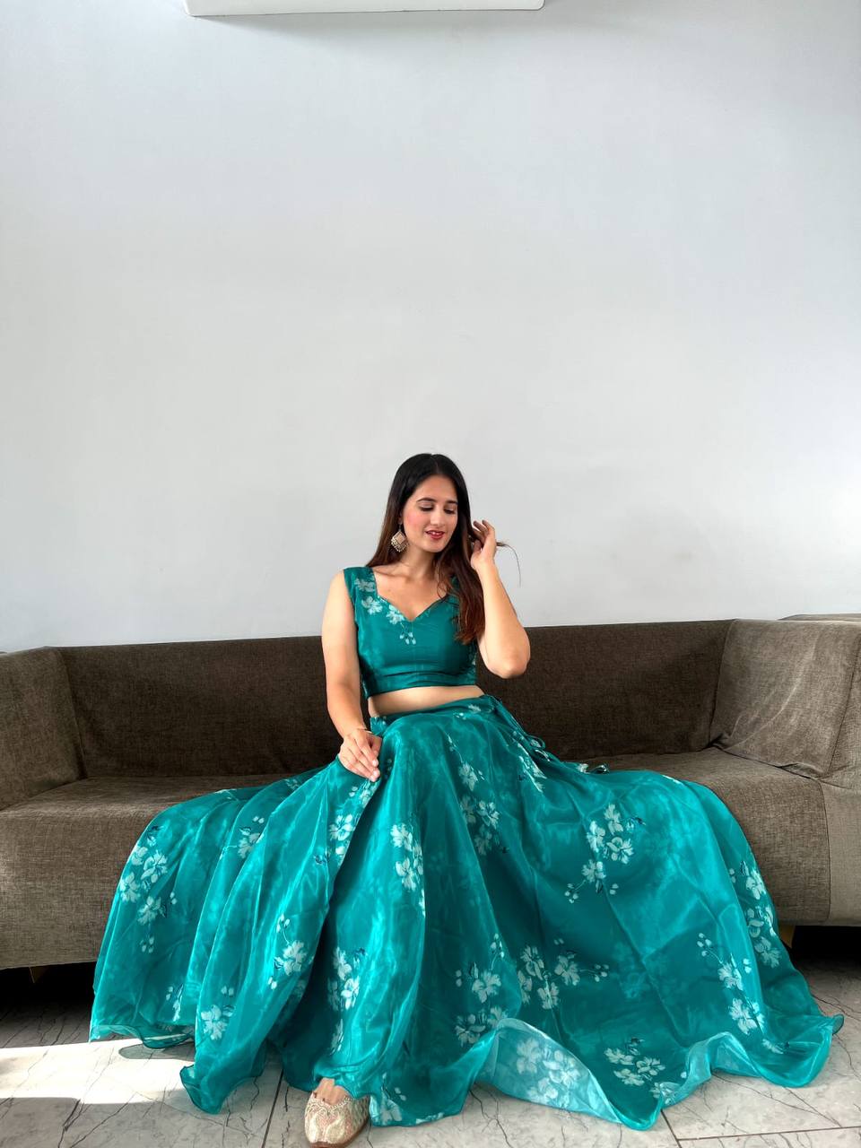 Stylish Floral Organza Silk Fully Stitched Lehenga Choli Set - Ethnicwish
