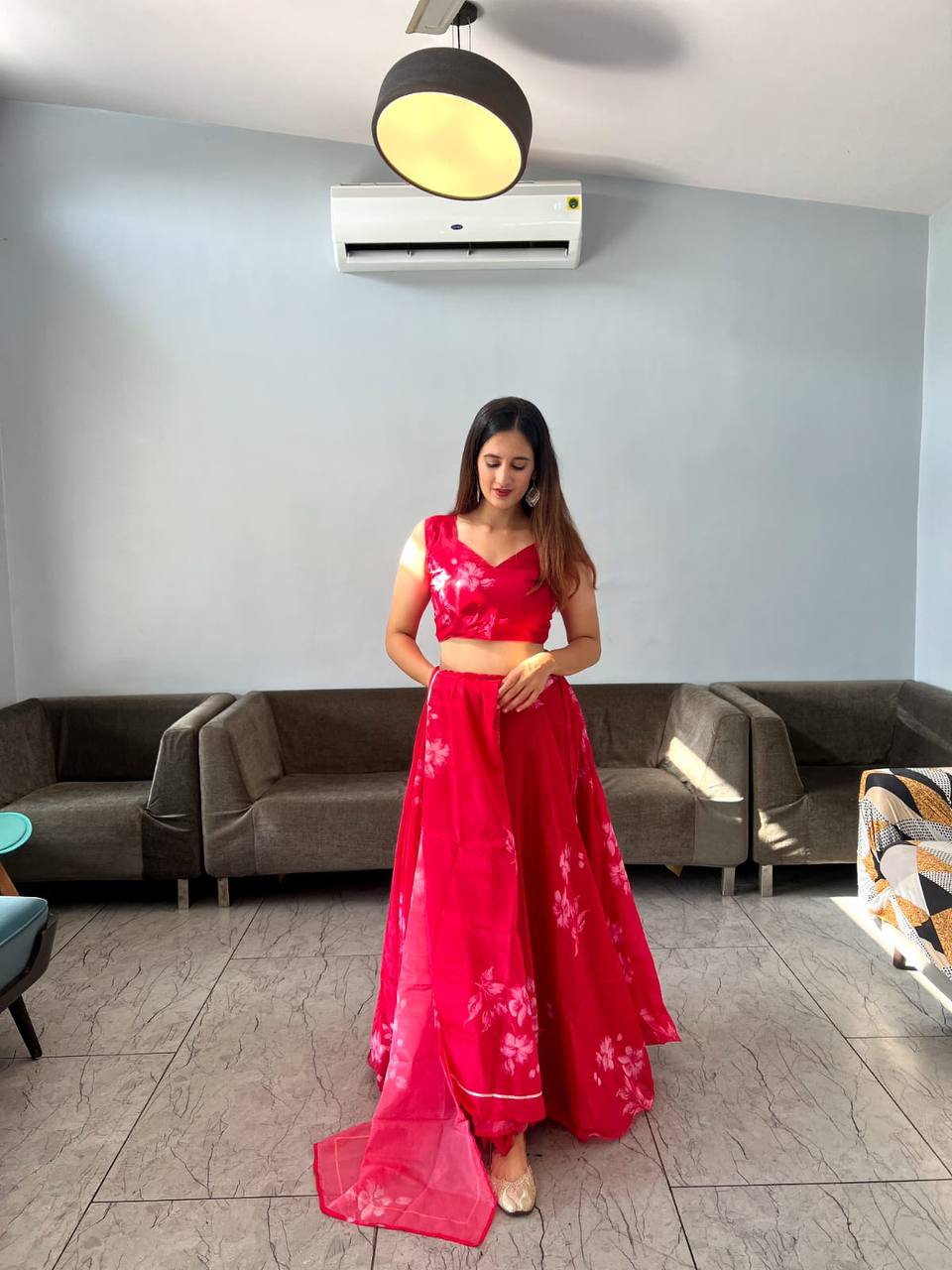 Stylish Floral Organza Silk Fully Stitched Lehenga Choli Set - Ethnicwish