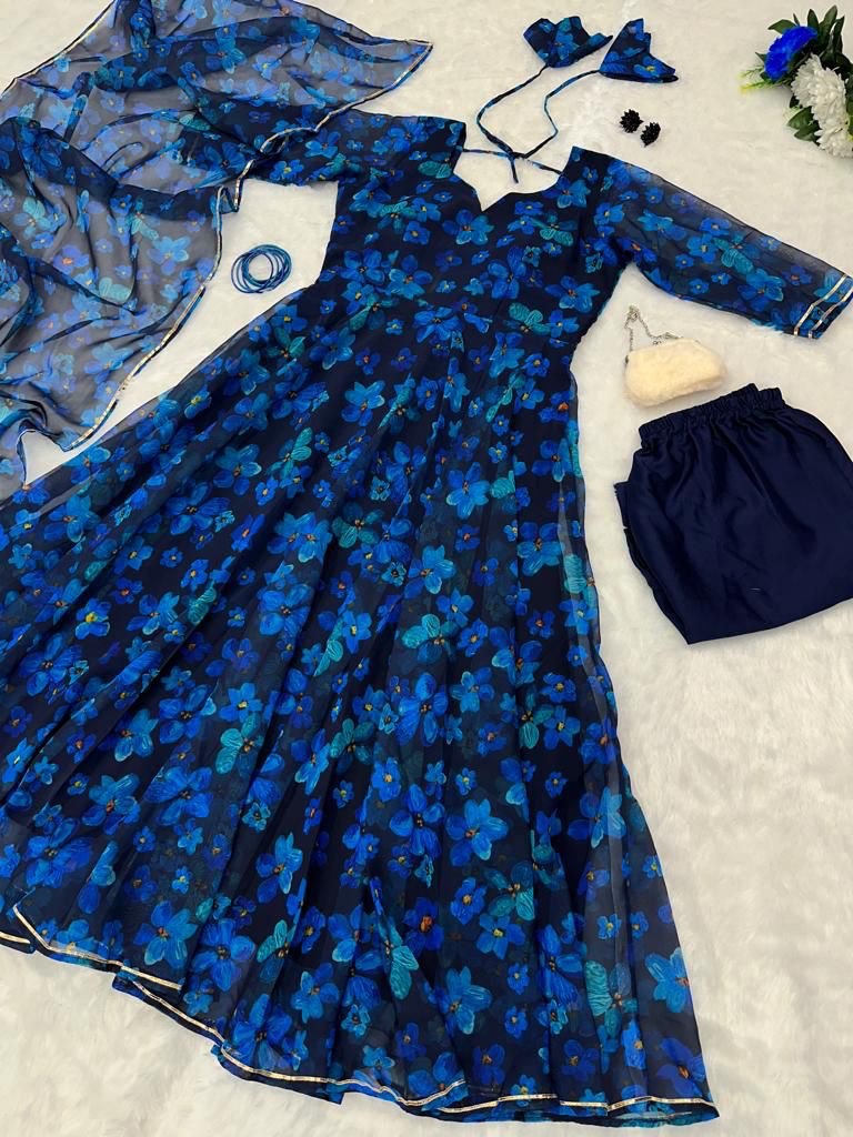 Gorgeous Blue Georgette Silk Floral Anarkali Pant Suit - Ethnicwish