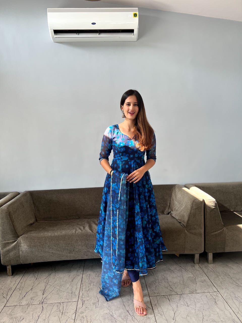 Gorgeous Blue Georgette Silk Floral Anarkali Pant Suit - Ethnicwish
