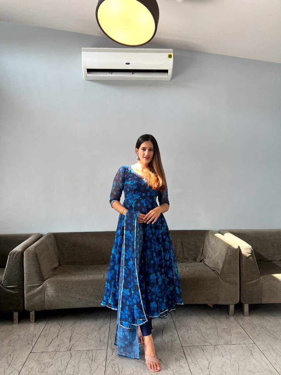 Gorgeous Blue Georgette Silk Floral Anarkali Pant Suit - Ethnicwish