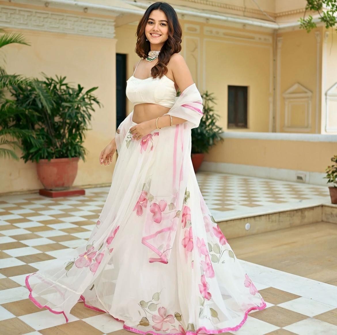 Resplendent Pure Satin Silk Floral Designer Lehenga Choli Set - Ethnicwish