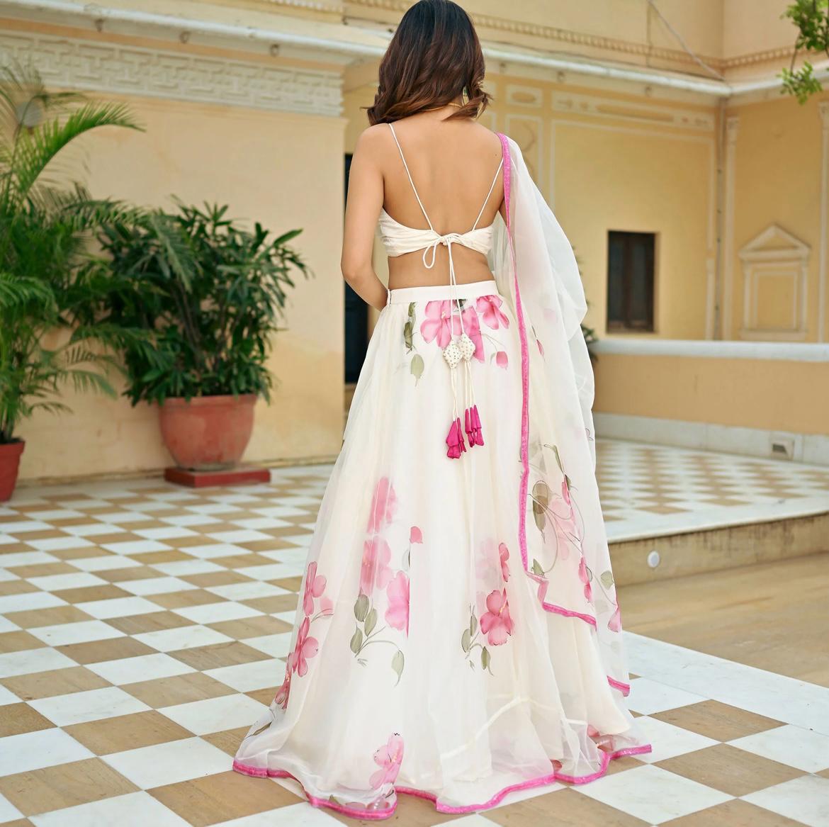 Resplendent Pure Satin Silk Floral Designer Lehenga Choli Set - Ethnicwish