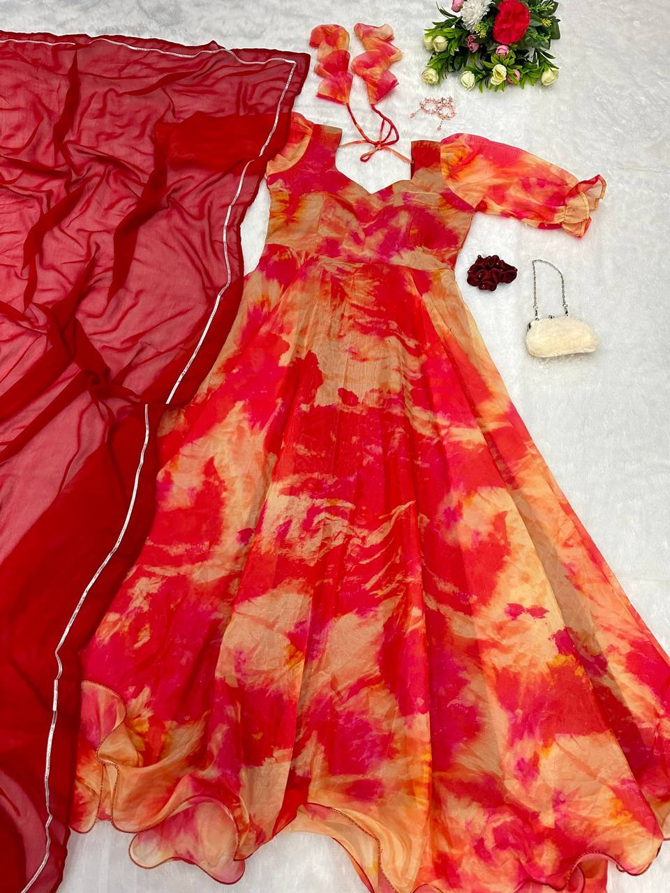 Captivating Orange Organza Silk Digital Printed Fully Stitched Gown With Dupatta - Ethnicwish