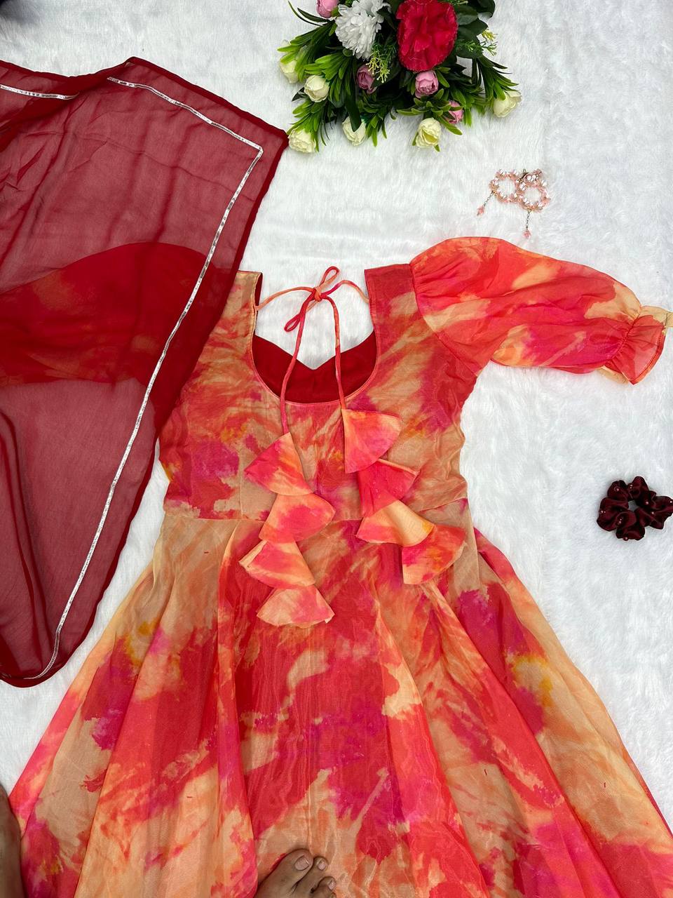 Captivating Orange Organza Silk Digital Printed Fully Stitched Gown With Dupatta - Ethnicwish