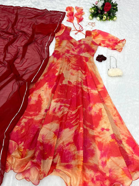 Captivating Orange Organza Silk Digital Printed Fully Stitched Gown With Dupatta - Ethnicwish