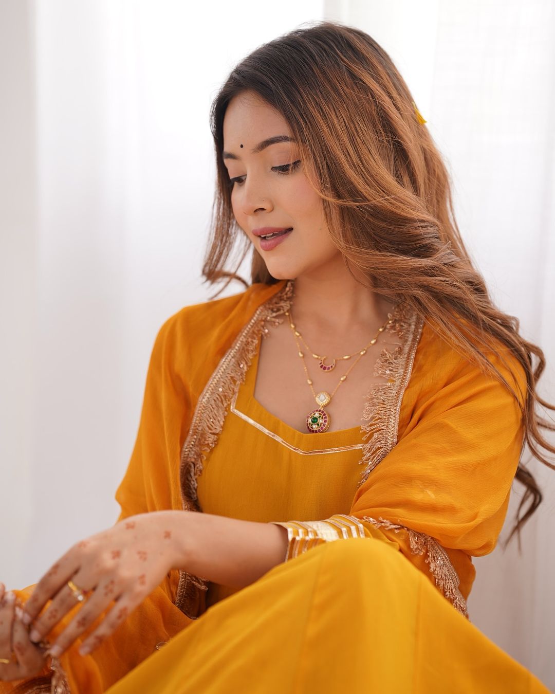 Spellbinding Mustard Georgette Gota Patti Worked Gown With Dupatta - Ethnicwish