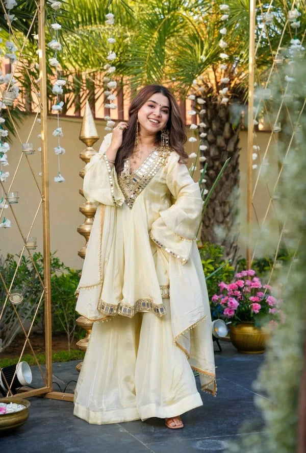 Gorgeous Ivory Mirror-Work Anarkali Sharara Set with Dupatta