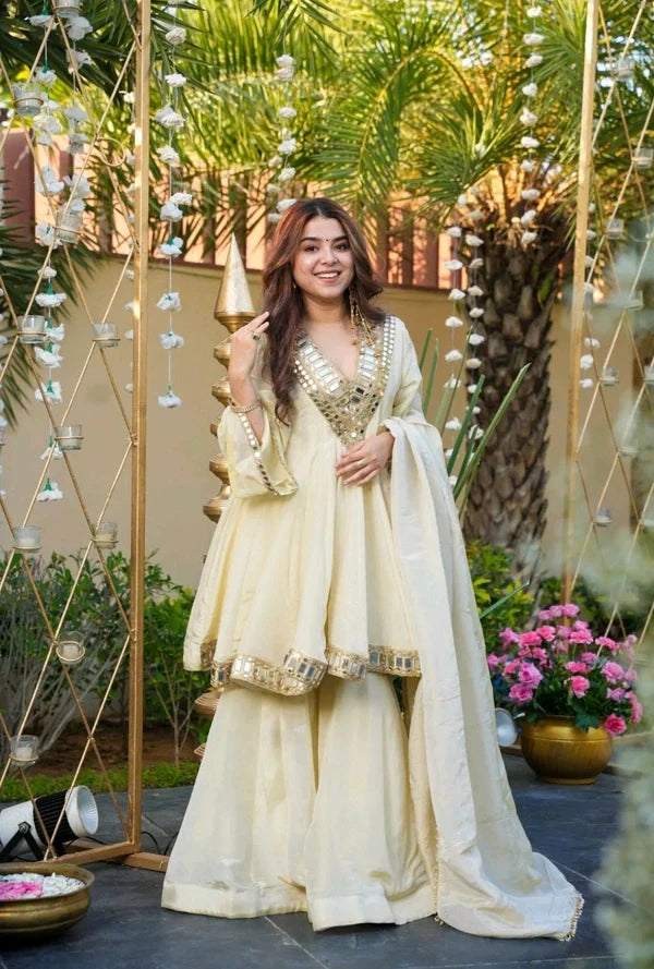 Gorgeous Ivory Mirror-Work Anarkali Sharara Set with Dupatta