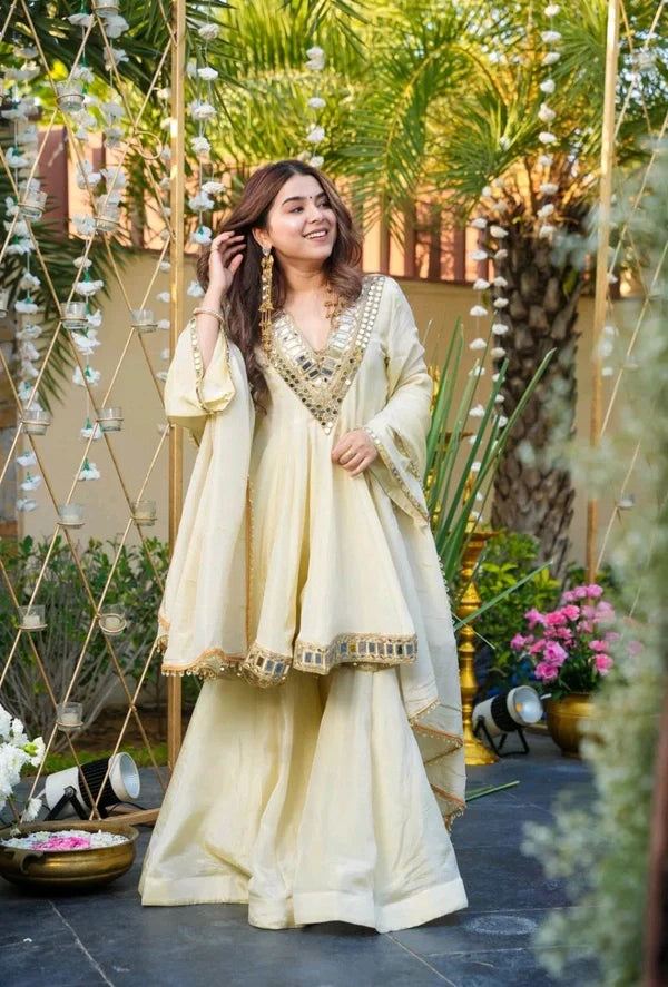 Gorgeous Ivory Mirror-Work Anarkali Sharara Set with Dupatta
