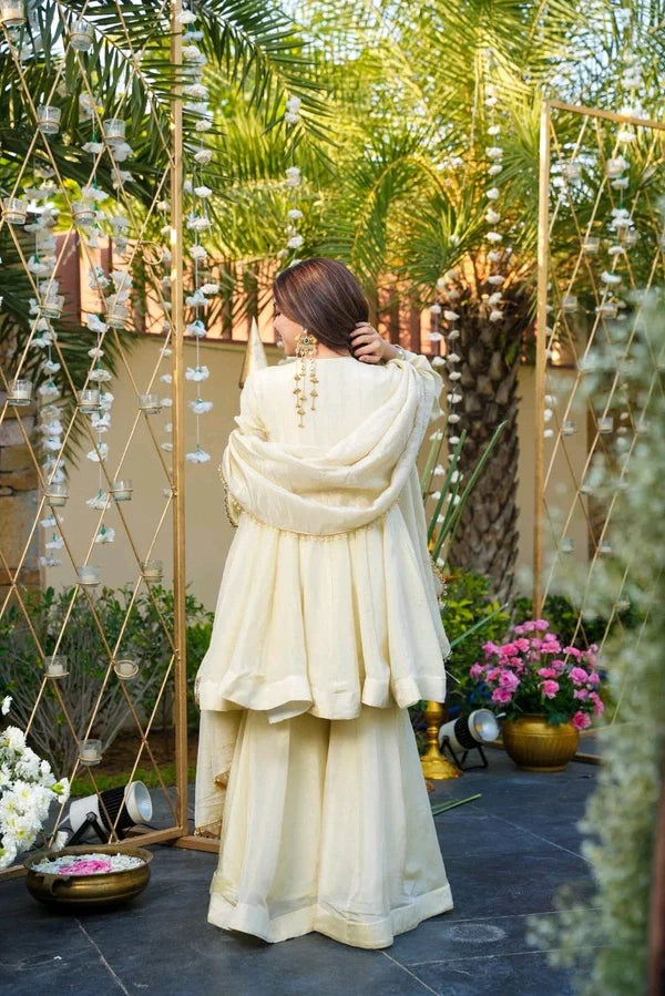 Gorgeous Ivory Mirror-Work Anarkali Sharara Set with Dupatta
