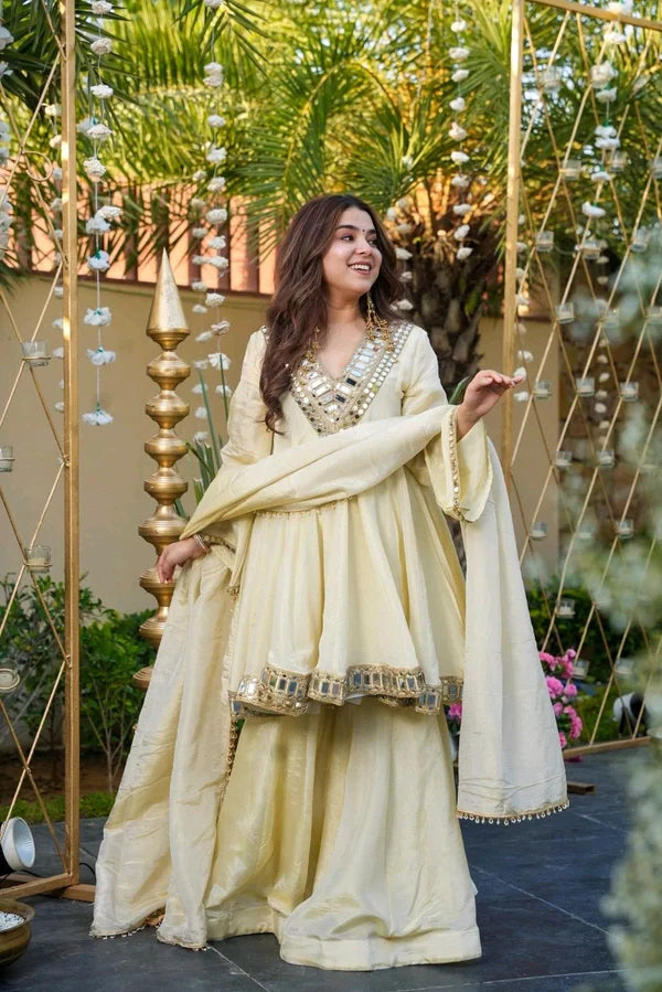 Gorgeous Ivory Mirror-Work Anarkali Sharara Set with Dupatta