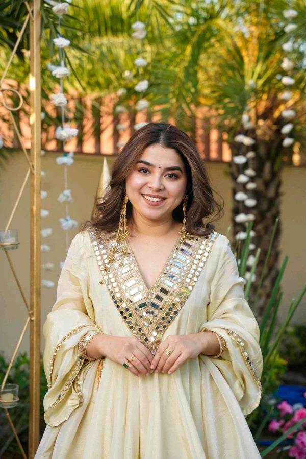 Gorgeous Ivory Mirror-Work Anarkali Sharara Set with Dupatta
