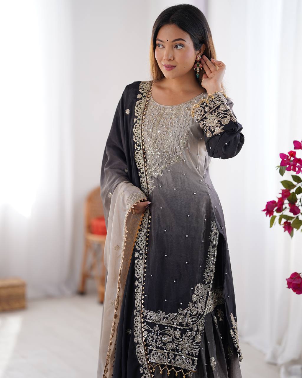 Elegant Chinon Silk Cording Sequins Pearl Worked Top Palazzo Set
