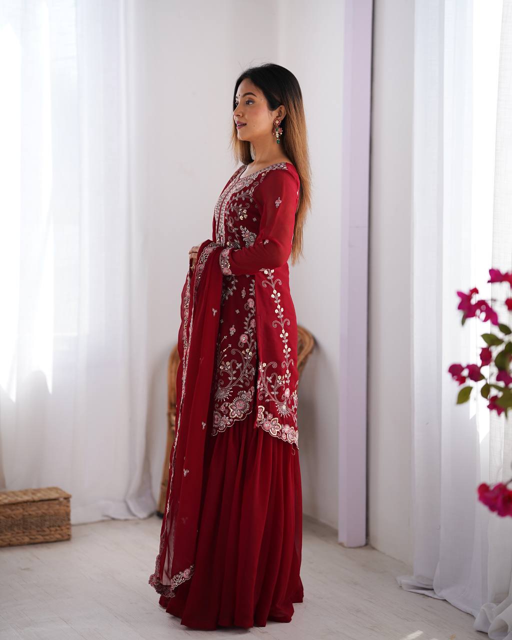 Gorgeous Faux Georgette Thread Sequins Worked Sharara Set