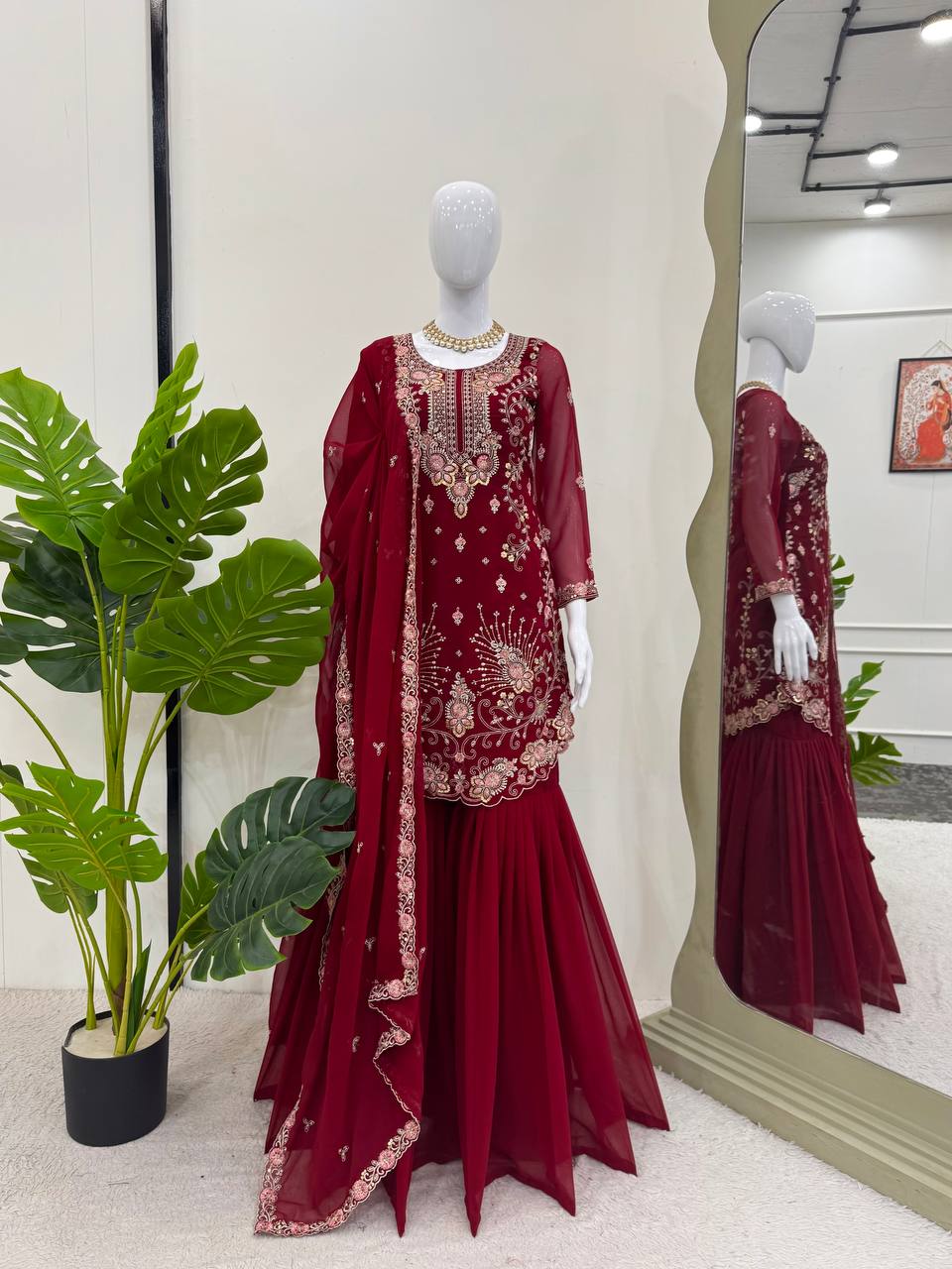 Gorgeous Faux Georgette Thread Sequins Worked Sharara Set
