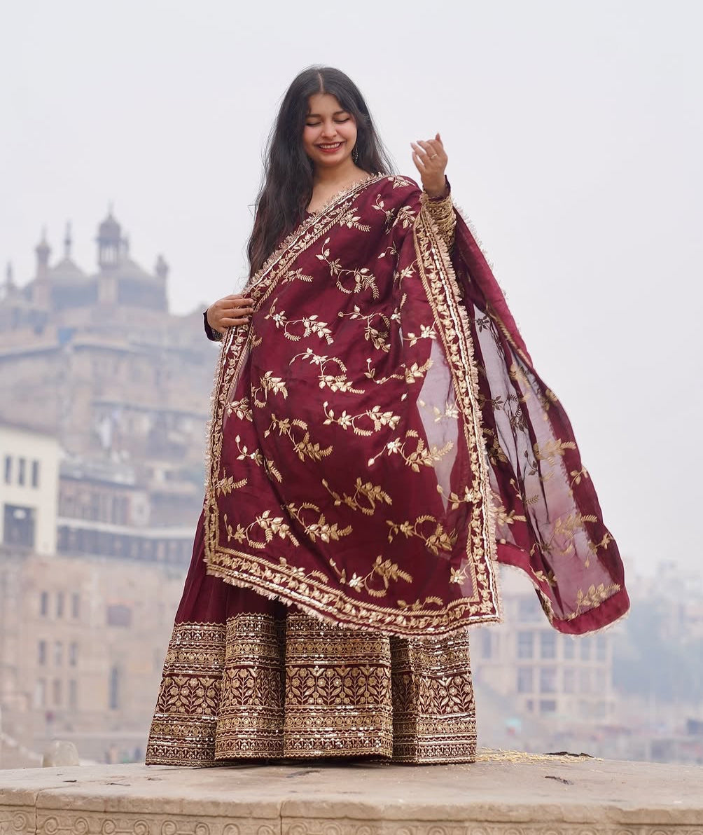 Alluring Maroon Faux Georgette Sequins Embroidered Anarkali Suit