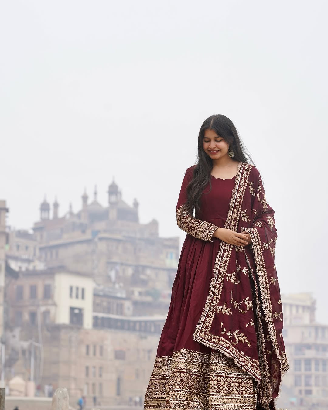 Alluring Maroon Faux Georgette Sequins Embroidered Anarkali Suit