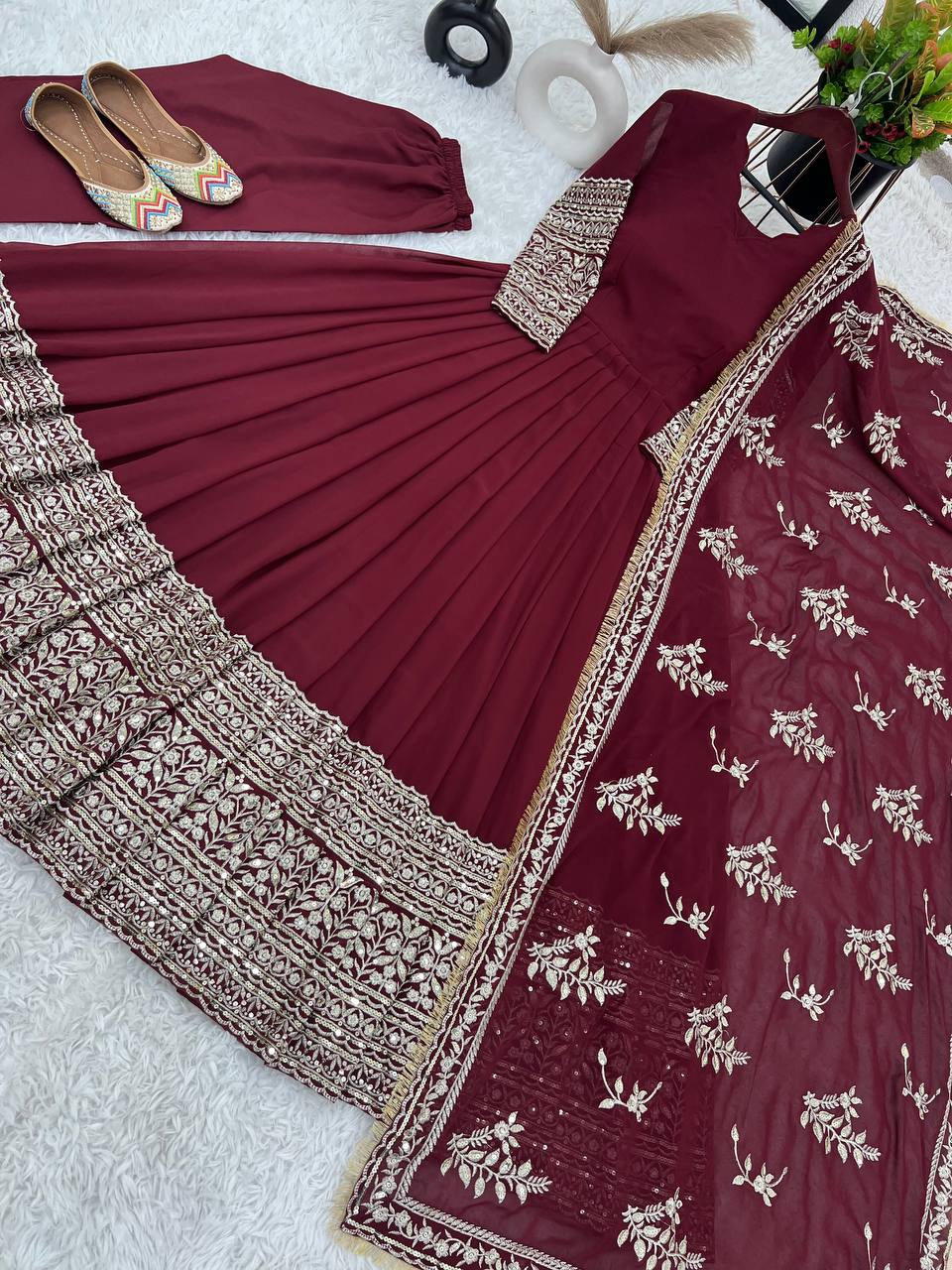 Alluring Maroon Faux Georgette Sequins Embroidered Anarkali Suit