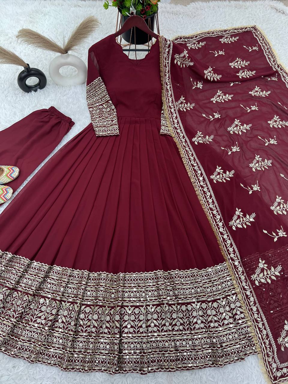 Alluring Maroon Faux Georgette Sequins Embroidered Anarkali Suit