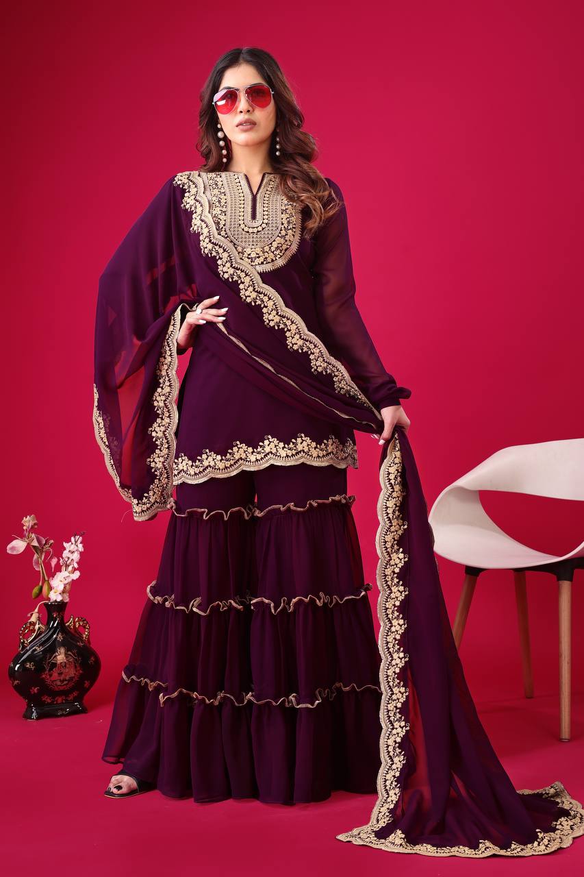 Stylish Wine Faux Georgette Sequins Embroidered Top Palazzo Suit - Ethnicwish