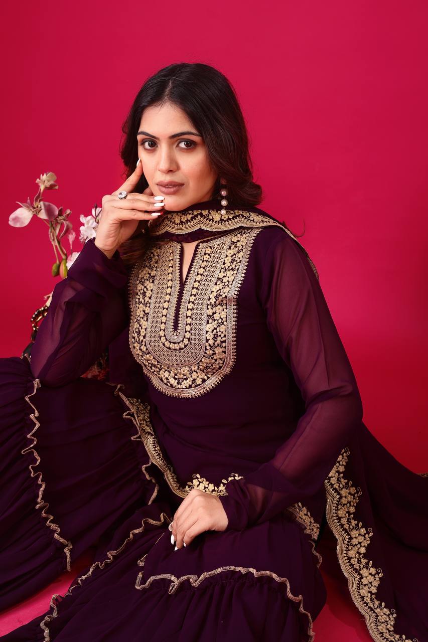 Stylish Wine Faux Georgette Sequins Embroidered Top Palazzo Suit - Ethnicwish