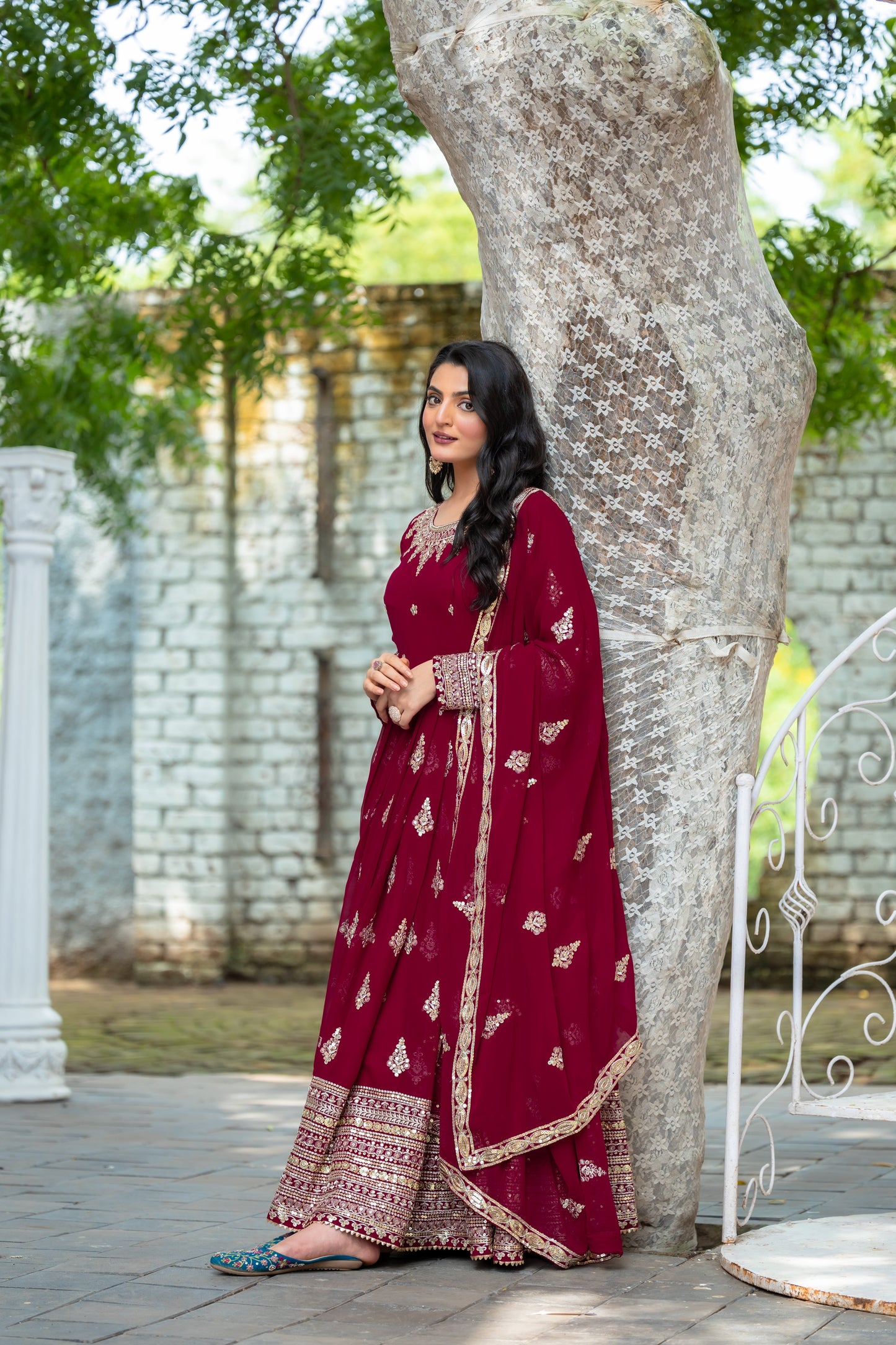 Sublime Maroon Faux Georgette Sequins Embroidered Anarkali Suit