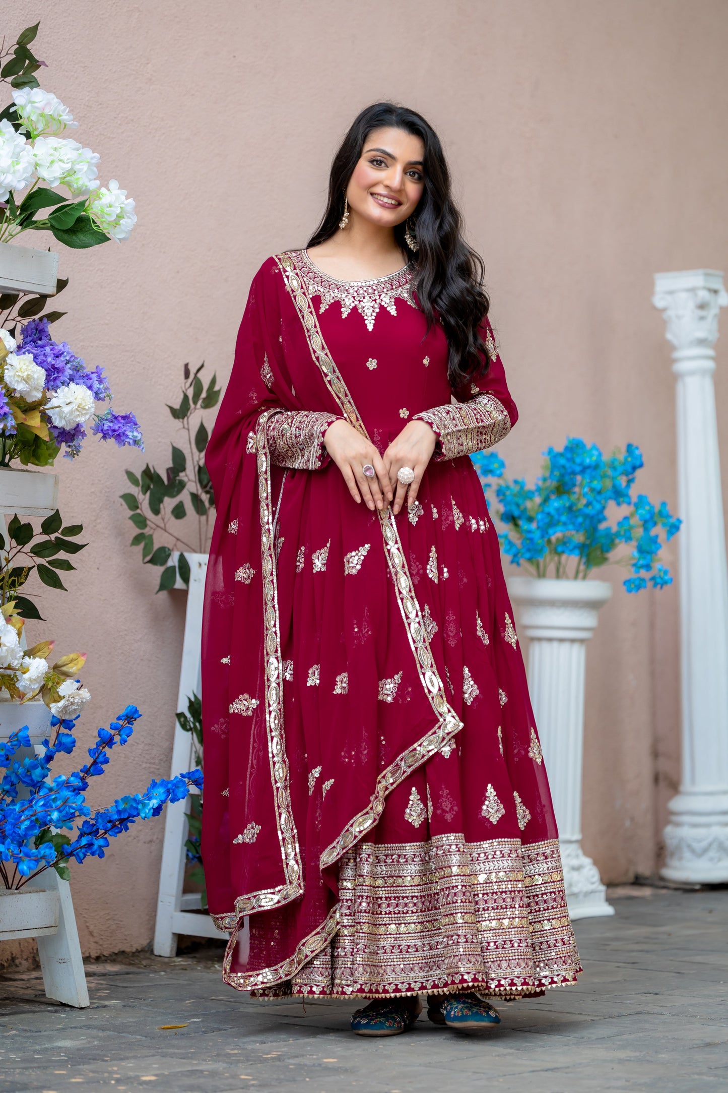Sublime Maroon Faux Georgette Sequins Embroidered Anarkali Suit