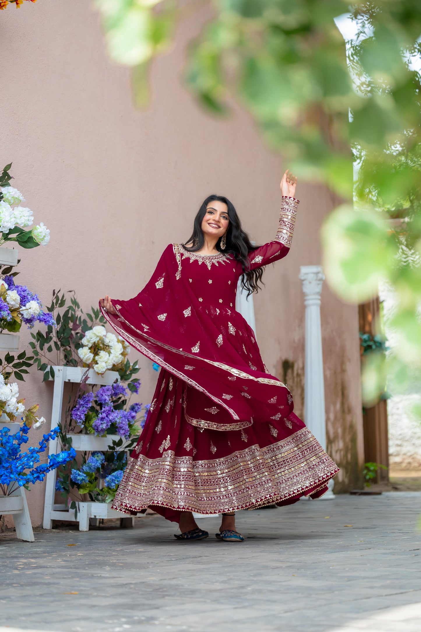 Sublime Maroon Faux Georgette Sequins Embroidered Anarkali Suit