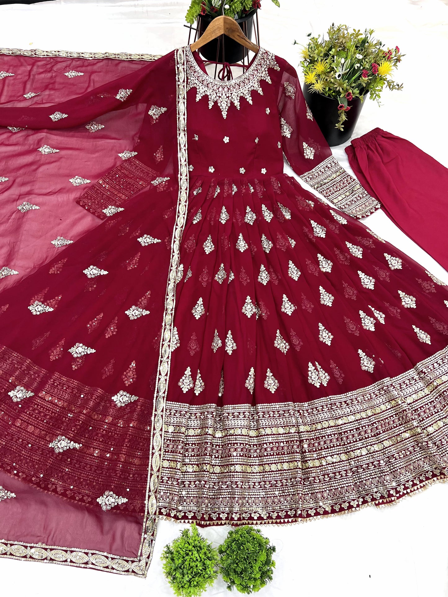 Sublime Maroon Faux Georgette Sequins Embroidered Anarkali Suit