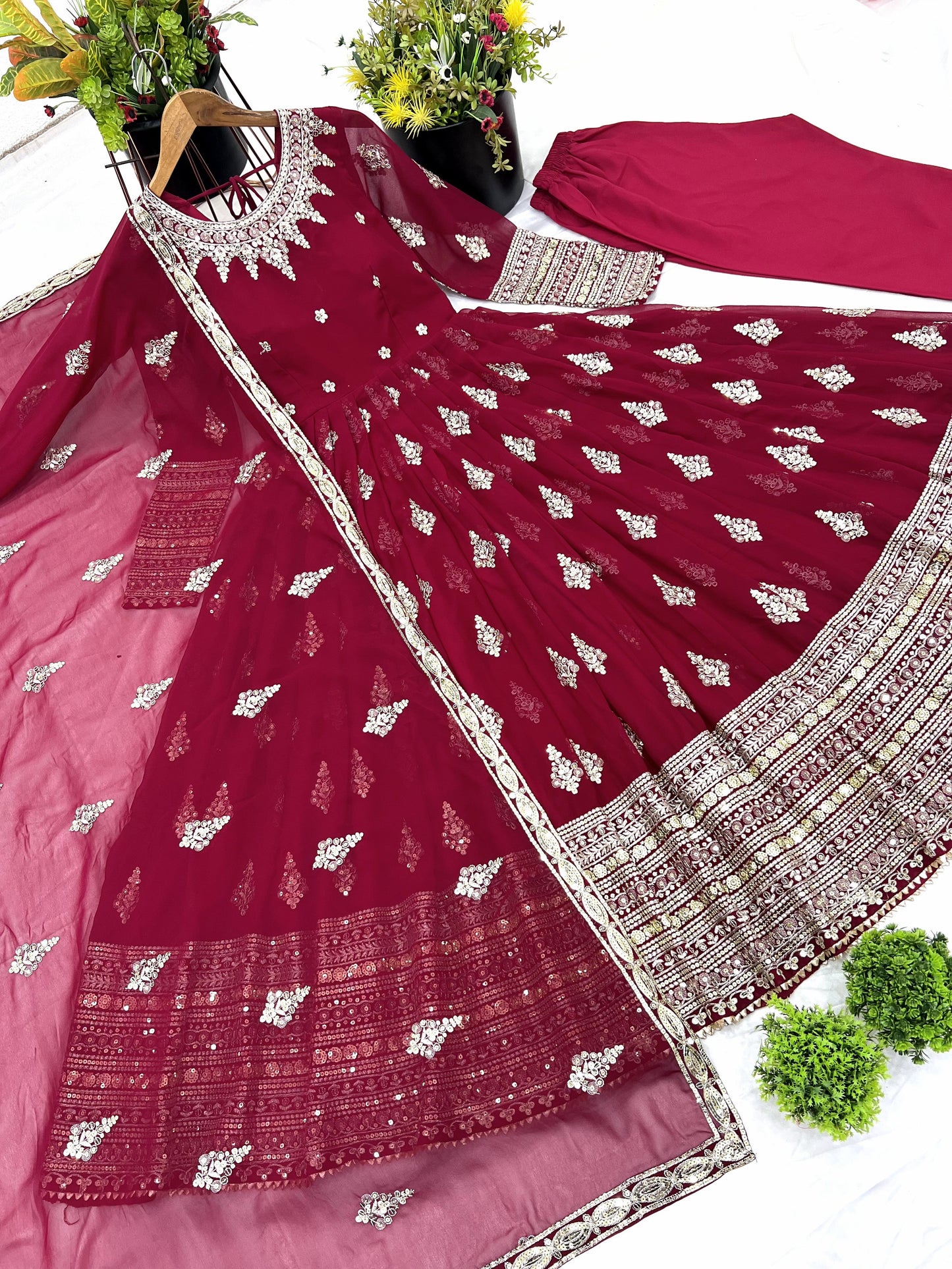Sublime Maroon Faux Georgette Sequins Embroidered Anarkali Suit