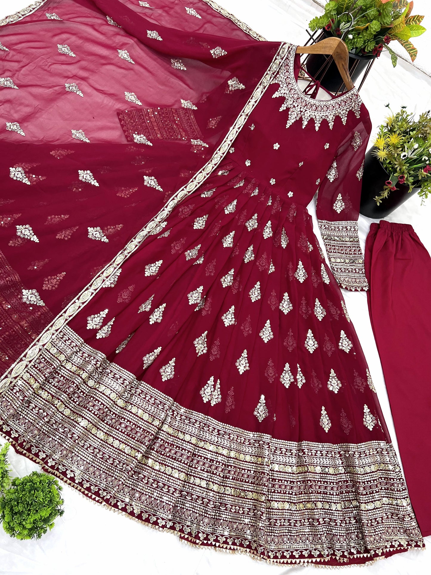 Sublime Maroon Faux Georgette Sequins Embroidered Anarkali Suit