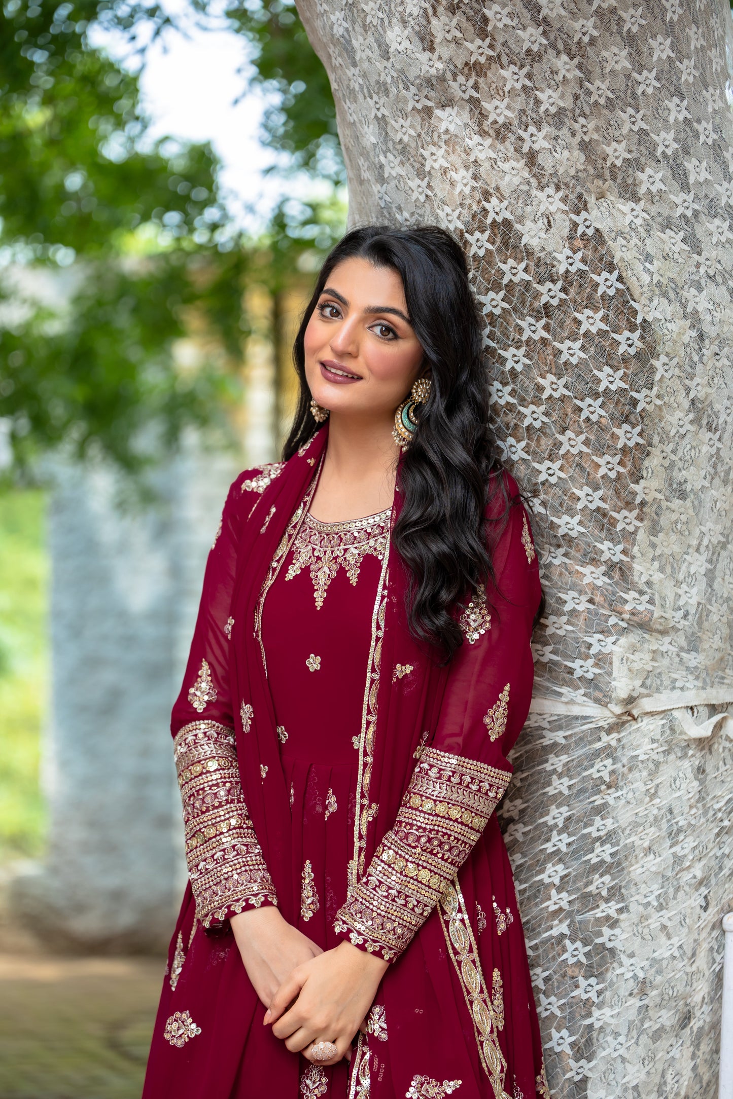 Sublime Maroon Faux Georgette Sequins Embroidered Anarkali Suit