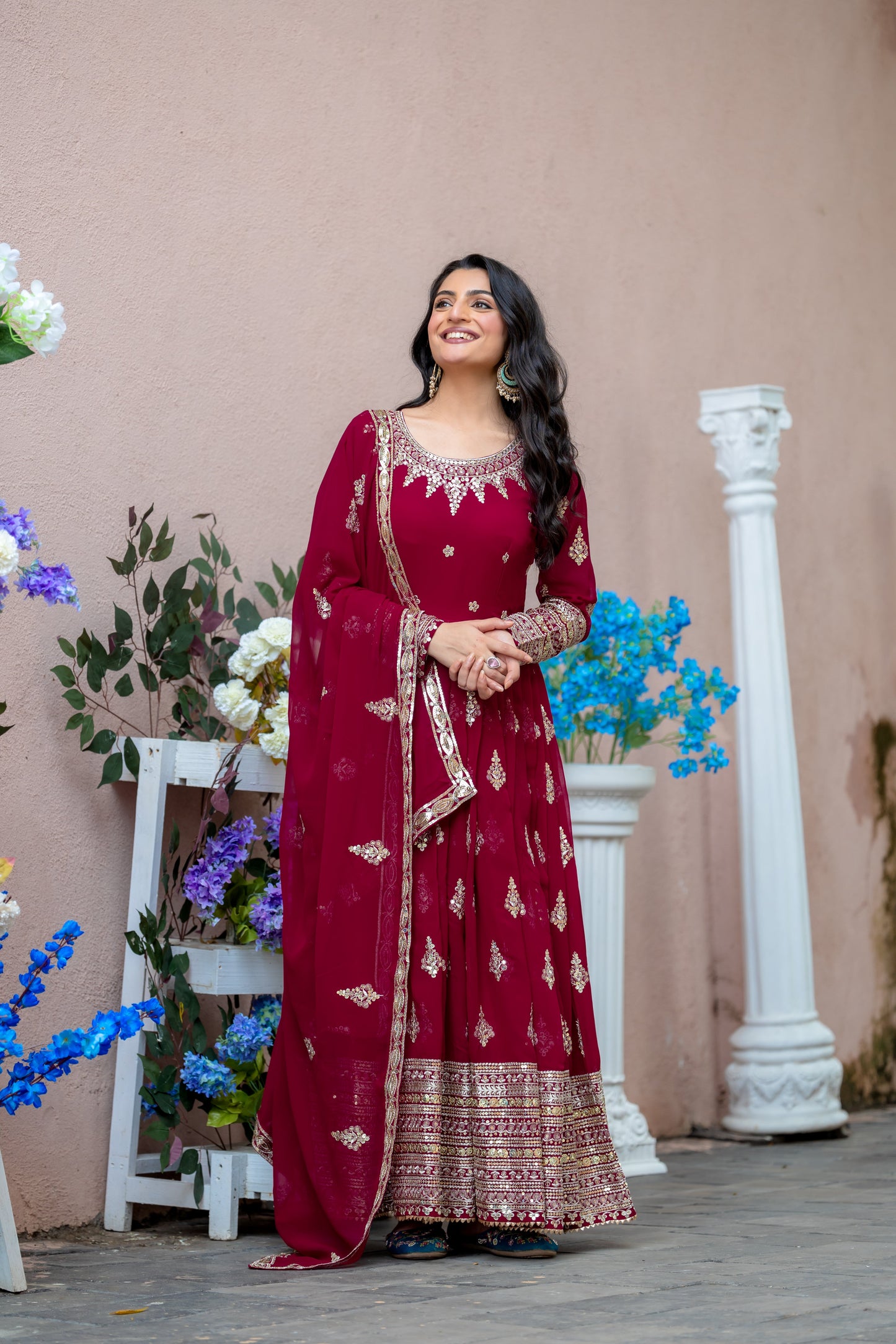 Sublime Maroon Faux Georgette Sequins Embroidered Anarkali Suit
