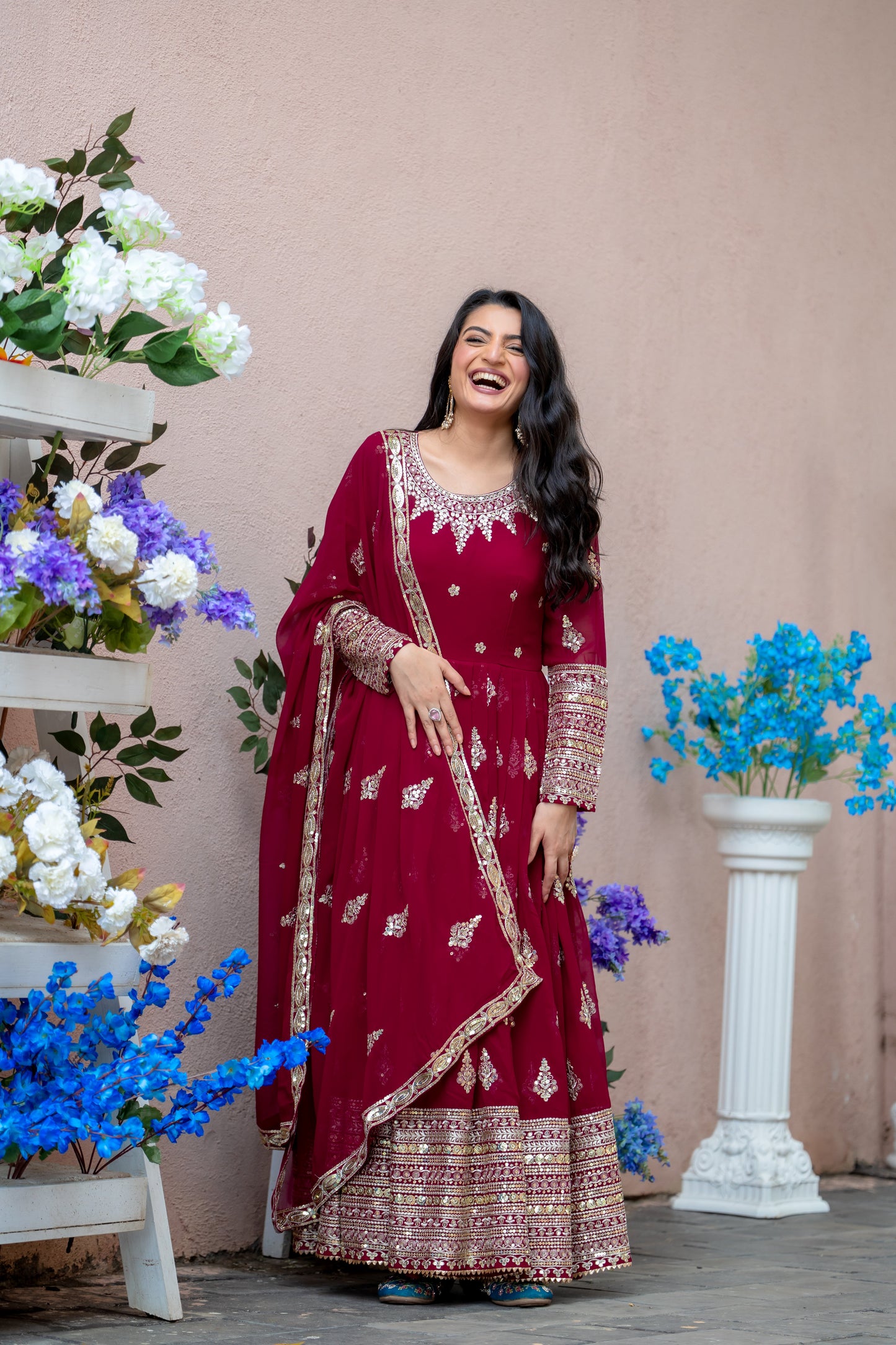 Sublime Maroon Faux Georgette Sequins Embroidered Anarkali Suit