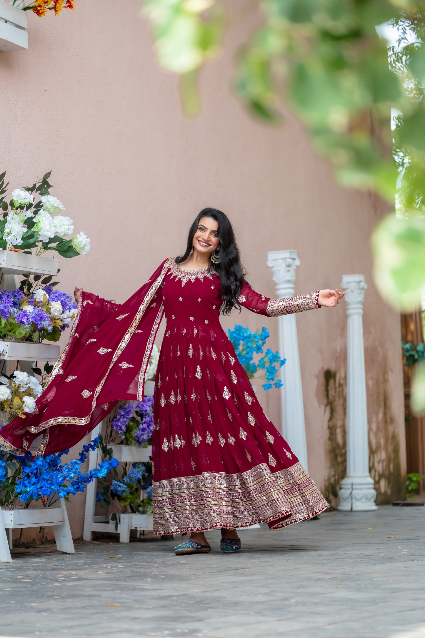 Sublime Maroon Faux Georgette Sequins Embroidered Anarkali Suit