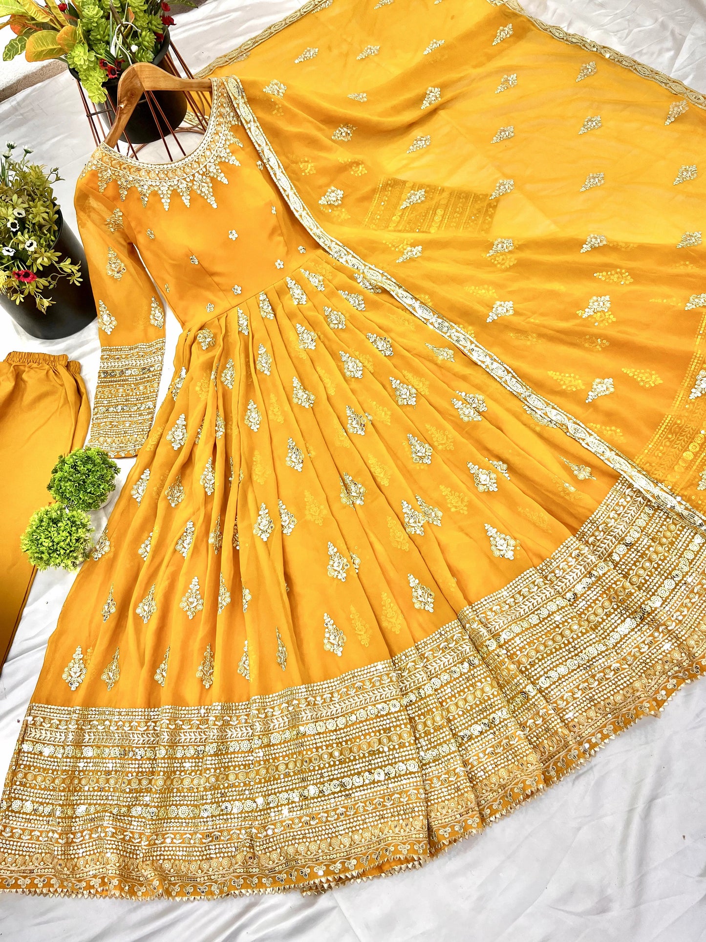 Luminous Mustard Yellow Faux Georgette Sequins Embroidered Anarkali Suit